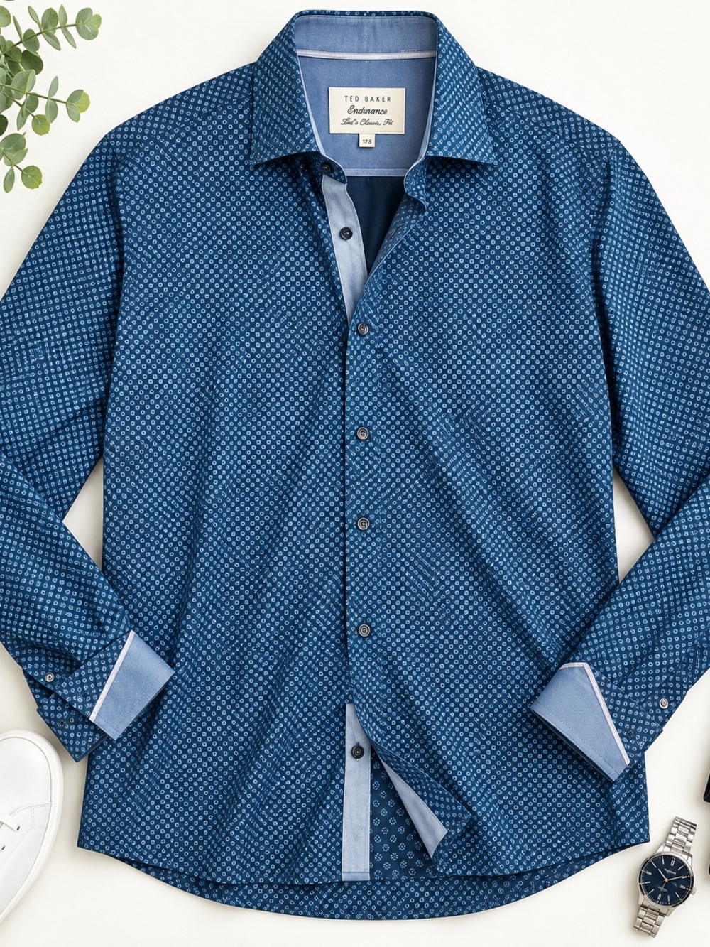 Ted Baker Endurance Men’s Navy Geometric Print Dress Shirt 17.5 Classic Fit
